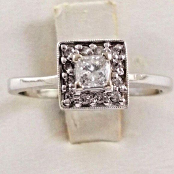 Beautiful 14K Karat White Gold Square Ring with Diamonds - Nice!